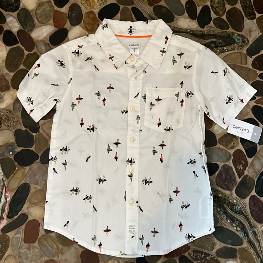 Carters , Boys , button down , short sleeve shirt NWT size 6 , surfer print